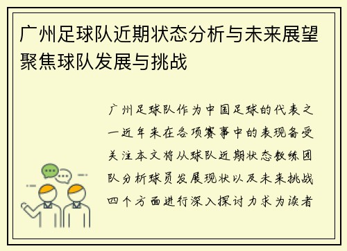 广州足球队近期状态分析与未来展望聚焦球队发展与挑战