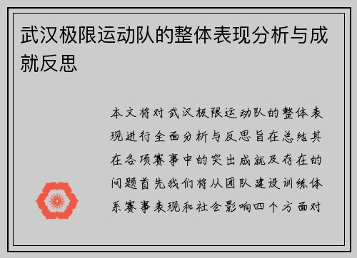 武汉极限运动队的整体表现分析与成就反思